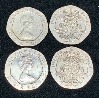 4 Uk Queen Elizabeth Ii 20 Pence Coins - 7 Sided - 1982 X 2,  1983 X 2
