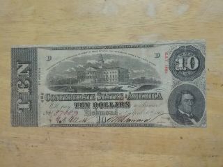 1863 $10 Ten Dollar Confederate States Of America Currency Richmond Bcs 089