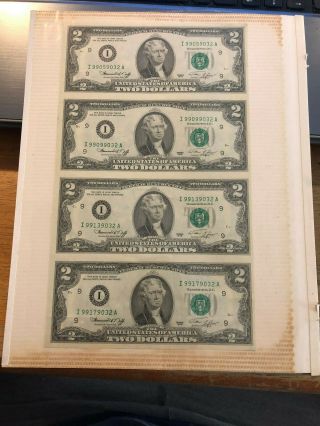 Uncut Sheet $2 Dollar Bills (4) 1976 Uncirculated,  Sheet Look