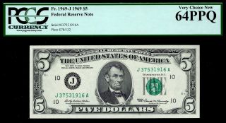 1969 $5 Five Dollar Bill Federal Reserve Note Kansas City Frn Pcgs 64ppq 1969 - J