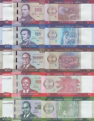 Liberia 5 Note Set: 5 To 100 Dollars (2016) - P31,  P32,  P33,  P34 & P35 Unc