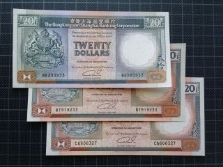 1989 - 1991 Hong Kong Bank Hsbc $20 Dollar Note Banknote 3 Types Running Years