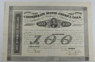 Authentic 1863 Confederate $100 Civil War Bond Hand Signed By Felt Pen