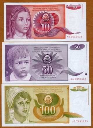 Set Yugoslavia,  10;50;100 Dinara,  1990,  Pick 103;104;105,  Unc Girl,  Boy,  Woman