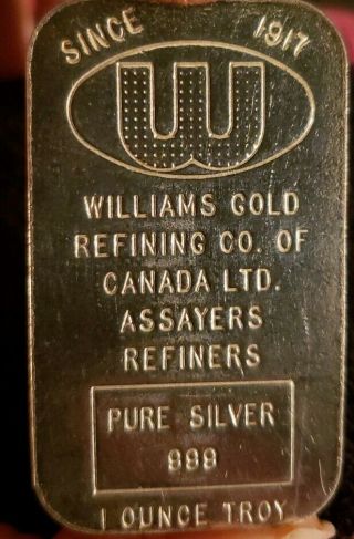 Rare Vintage Williams Gold Refining Co Canada Ltd Assayers 999 1 Oz Art Bar