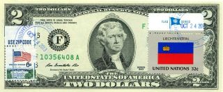 $2 Dollars 2013 Stamp Cancel Flag From Liechtenstein Lucky Money Value $99.  95