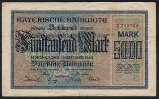 1922 5000 Mark German State Bavaria Munich Old Emergency Banknote P 925 F