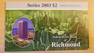 Unc/gem 2003 $2 Two Dollar Low Print 00010802 Star Note Richmond