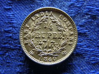 India British 1/4 Rupee 1840,  Ww Raised,  Km454.  2 Unc