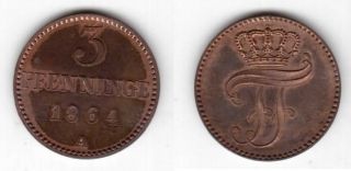 Mecklenburg Schwerin Germany - Rare 3 Pfennig Unc Coin 1864 Year Km 310