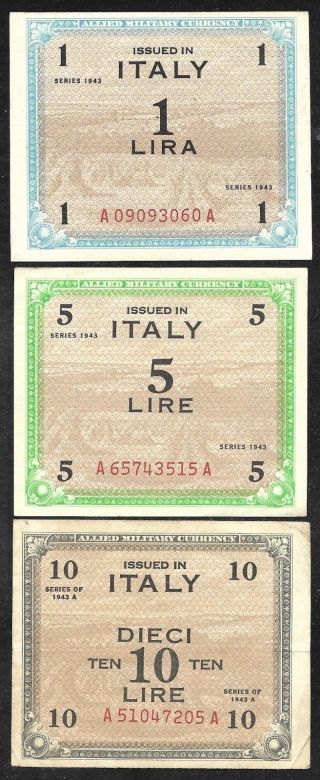 Italy - Wwii - Allied Military Currency (amc) 1,  5,  10 Lire - 1943 - Vf To Unc.
