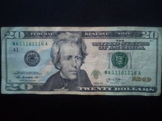 20 Dollar Bill,  Repeater,  Circulated With Folds And A Pin Hole.