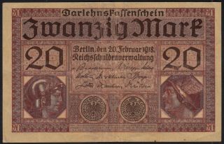 1918 20 Mark Wwi Germany World War 1 Rare Paper Money Banknote Currency P 57 Vf