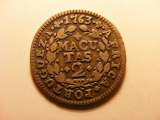 Angola 1763 Silver 2 Macutas,  Km 13,  Fine,  /vf,  Scarce Issue