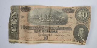 Civil War 1864 $10.  00 Confederate States Horse Blanket Note 667