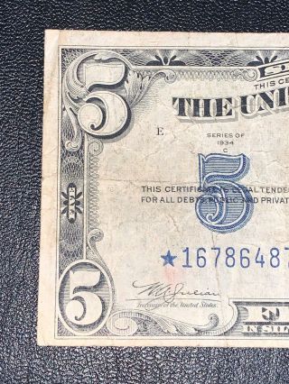 1934 C Series $5 Dollar Bill Federal Note Silver Certificate Blue Seal STAR NOTE 2