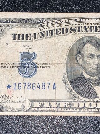 1934 C Series $5 Dollar Bill Federal Note Silver Certificate Blue Seal STAR NOTE 3