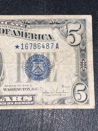 1934 C Series $5 Dollar Bill Federal Note Silver Certificate Blue Seal STAR NOTE 5