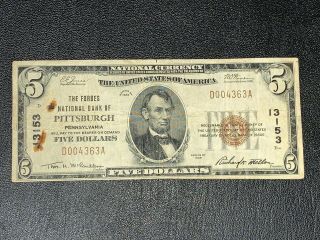 1929 Series $5 Dollar Bill Federal Reserve Note Bank Of Pittsburgh Gold Seal