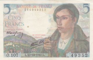 5 Francs Very Fine Banknote From German Occupied France 1943 Pick - 98
