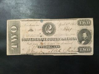 1863 Confederates States Of America 2 Dollars Old Banknote
