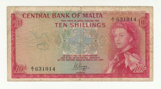 Malta 10 Shillings 1967 Circ.  P28 Qeii (pressed) @