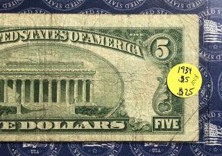 1934 - D $5 DOLLAR BILL OLD US PAPER MONEY CURRENCY BLUE SEAL COLLECTOR NOTE.  5689A 6