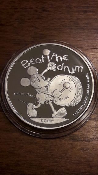 1 Oz.  999 Silver Coin Mickey Mouse Disney Beat Drum 1928 1998 70th Anniversary