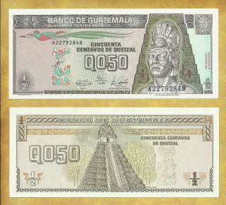 Guatemala 50 Centavos De Quetzal 1989 Letters A/b P - 72a Unc Banknote Usa Seller