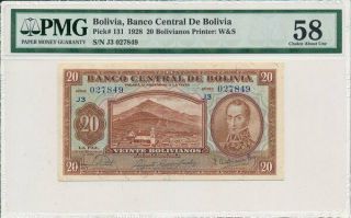 Banco Central De Bolivia Bolivia 20 Bolivianos 1928 Pmg 58
