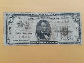 $5 1929 Ty 1 National Bank Note Ch 2370 The Chase Nb York Ny
