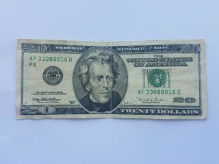 1996 $20 Twenty Dollar Bill,  Federal Reserve Note,  Serial Af33088016d