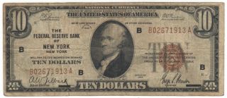 1929 $10 Federal Reserve Bank Of York Ny Brown Seal Note Bill Fr 1860b
