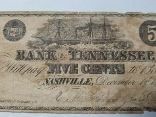 1861 Bank Of Tennessee 5 Cents Obsolete Banknote