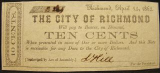 Confederate 1862 City Of Richmond Va.  10 Cent Note.  Uncirculated.  Civil War