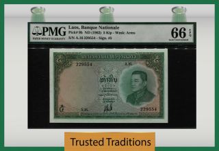 Tt Pk 9b 1962 Laos Banque Nationale 5 Kip " S.  Vong " Pmg 66 Epq Gem Uncirculated