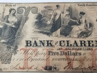 1855 North Carolina Bank Of Clarendon $5 Bank Note