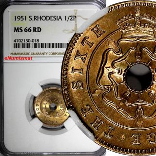 Southern Rhodesia George Vi 1951 1/2 Penny Ngc Ms66 Rd Red Top Graded Km 26