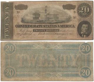 1864 Confederate States $20 Note Type 67 With 2 Flourishes,  Series 2,  Civil War