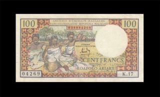 1966 French Africa " Madagascar " 100 Francs Rare ( (ef))