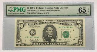 1995 $5 Chicago Frn,  Pmg Gem Uncirculated 65 Epq Banknote