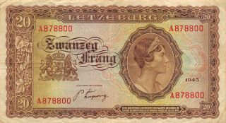 Luxembourg 20 Frang 1943 P 42a Series A Wwii Issue Circulated Banknote Gefl