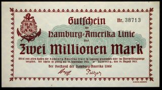 Hamburg 1923 " Hamburg - America Line " Immigrant Ships 2 Million Mark Notgeld