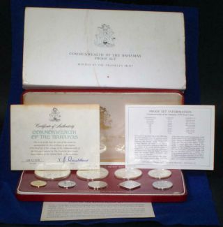 1978 Bahamas 9 Coin Proof Set $2 $5 Sterling Silver Coins W/ Box,  Papers &