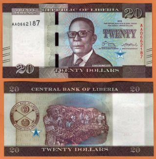 Liberia 2016 Unc 20 Dollars Banknote Paper Money Bill P - 33,  Pref.  Aa