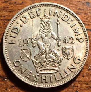 1942 Silver Great Britain One 1 Shilling King George Vi Coin