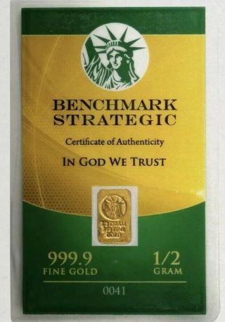 1/2 Gram.  999 Fine 24k Gold Bullion Bar - In Assay Card
