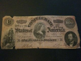 1864 Confederate 100 Hundred Dollar Bill C59754