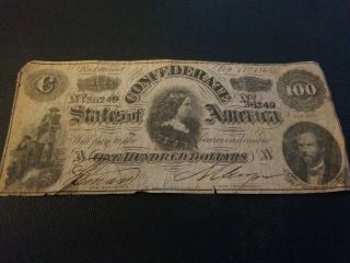 1864 Confederate 100 Hundred Dollar Bill C38249