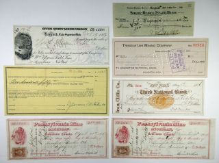 Michigan Mining Check Assortment (x7) 1864 To 1938 Vg To Xf